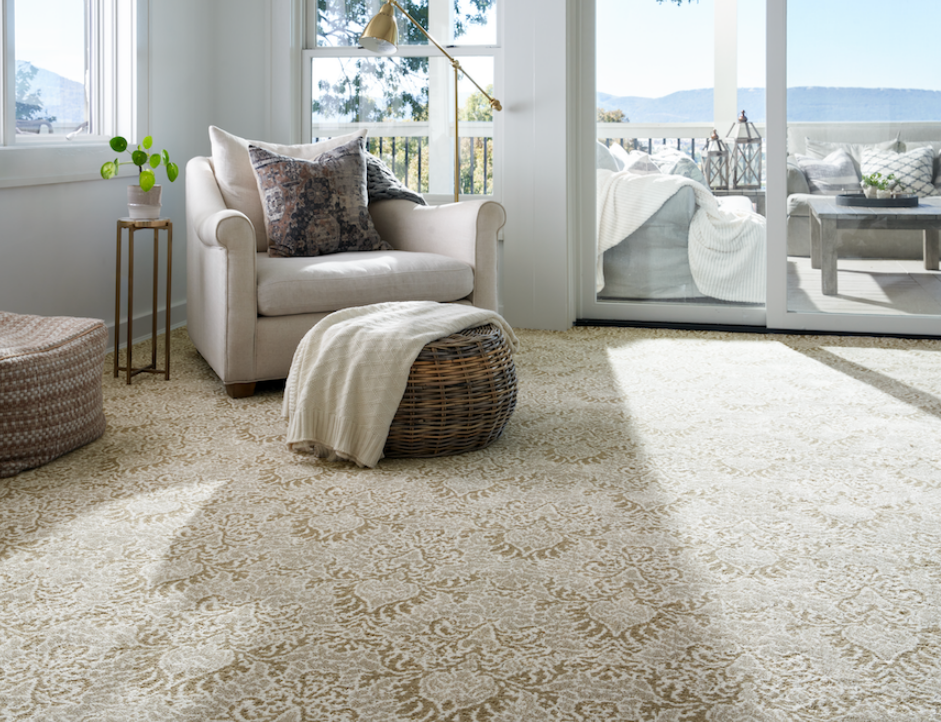 Karastan beige, patterned carpet in mountain-side living room setting